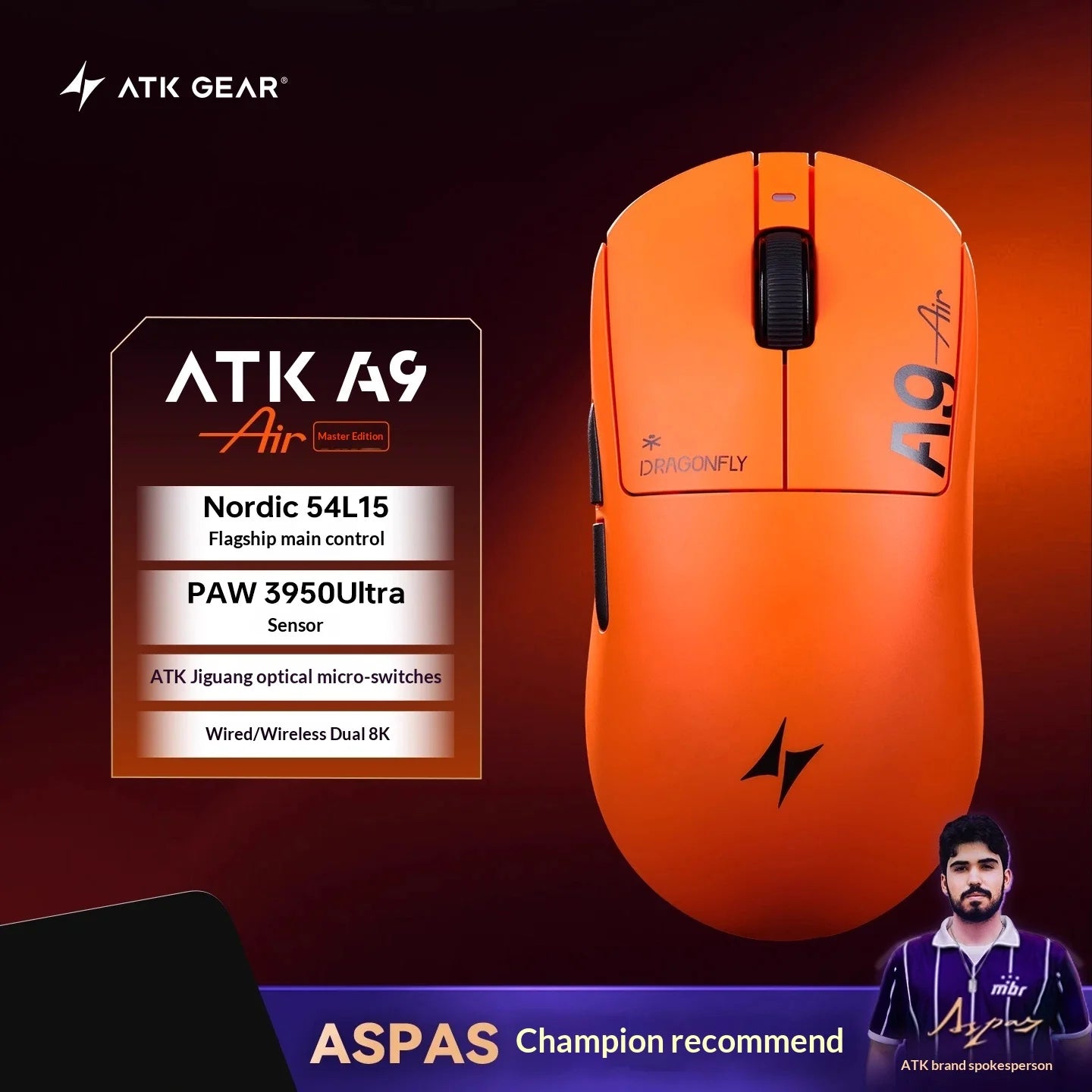 ATK DragonFly A9 Air Ultimate Wireless Gaming Mouse PAW3950 Ultra 42000DPI 750IPS 8KHz RGB Ergonomic Design for Windows MacOs