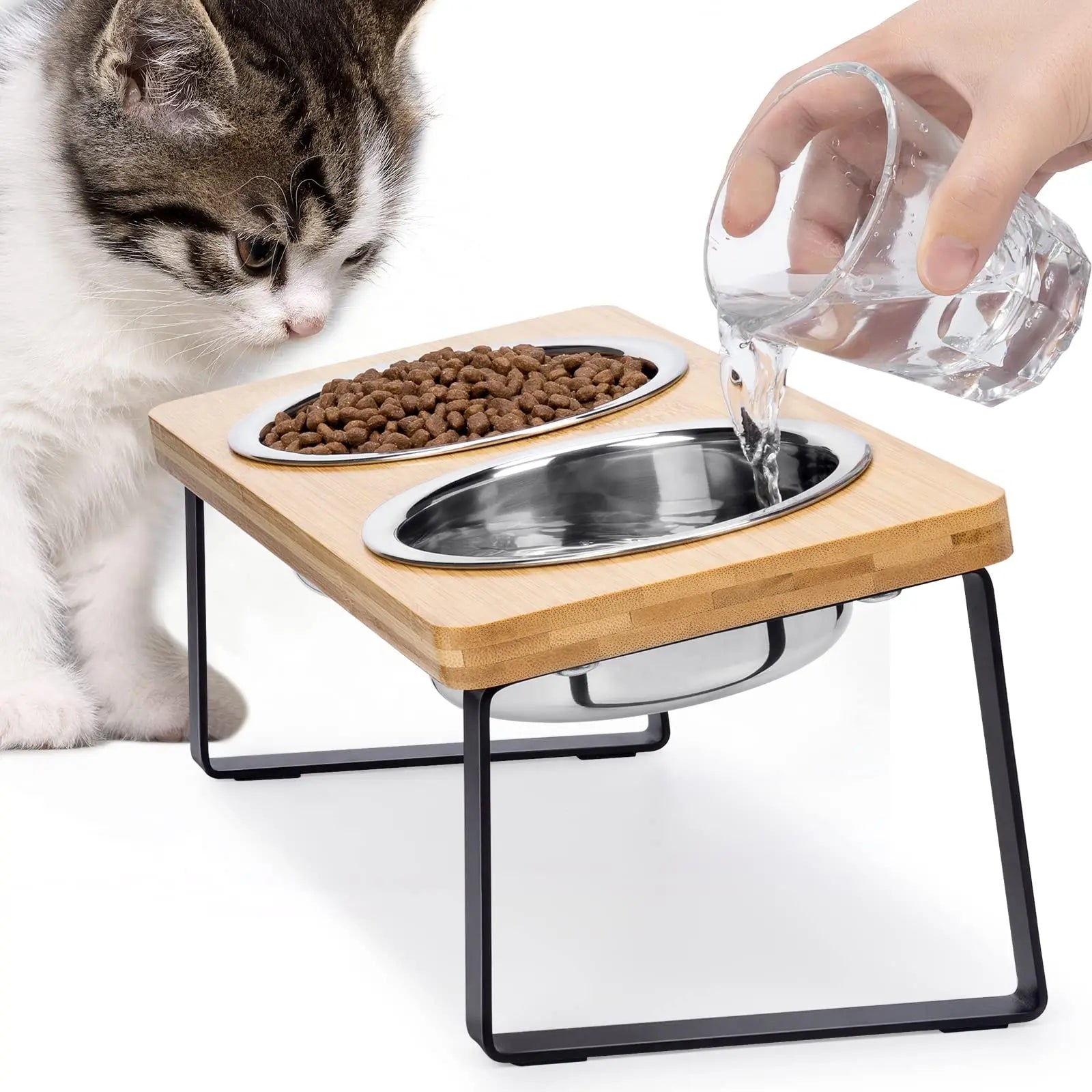 Elevated Cat Bowls Pet Feeder 15° Tilted Raised Cat Food Bowls with Wooden Stand, 2 Stainless Steel Bowls for Cats and Kittens