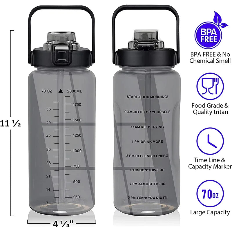 2L 64OZ Half Gallon Water Bottle with Sleeve Motivational Water Bottle with Straw & Time Marker Leakproof Sport Water Jug