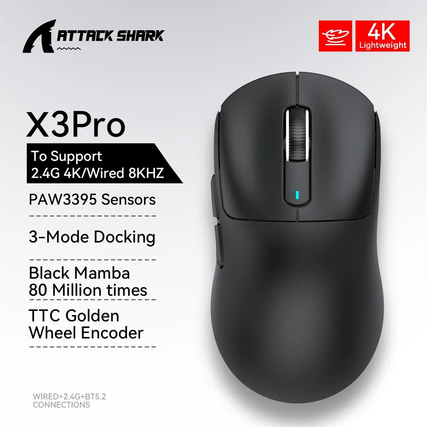 X3 Gaming Mouse Wireless ATTACK SHARK Red Color 4K Returns,Bluetooth Tri-Mode Connection,PAW3395,Macro Bluetooth Mouse Gaming