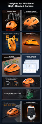KYSONA Uranus PRO Wireless Gaming Mouse Ergonomic Mouse PAW3395 54g 8KHz Polling Rate 26000DPI For Right Big Hand PC Gamer