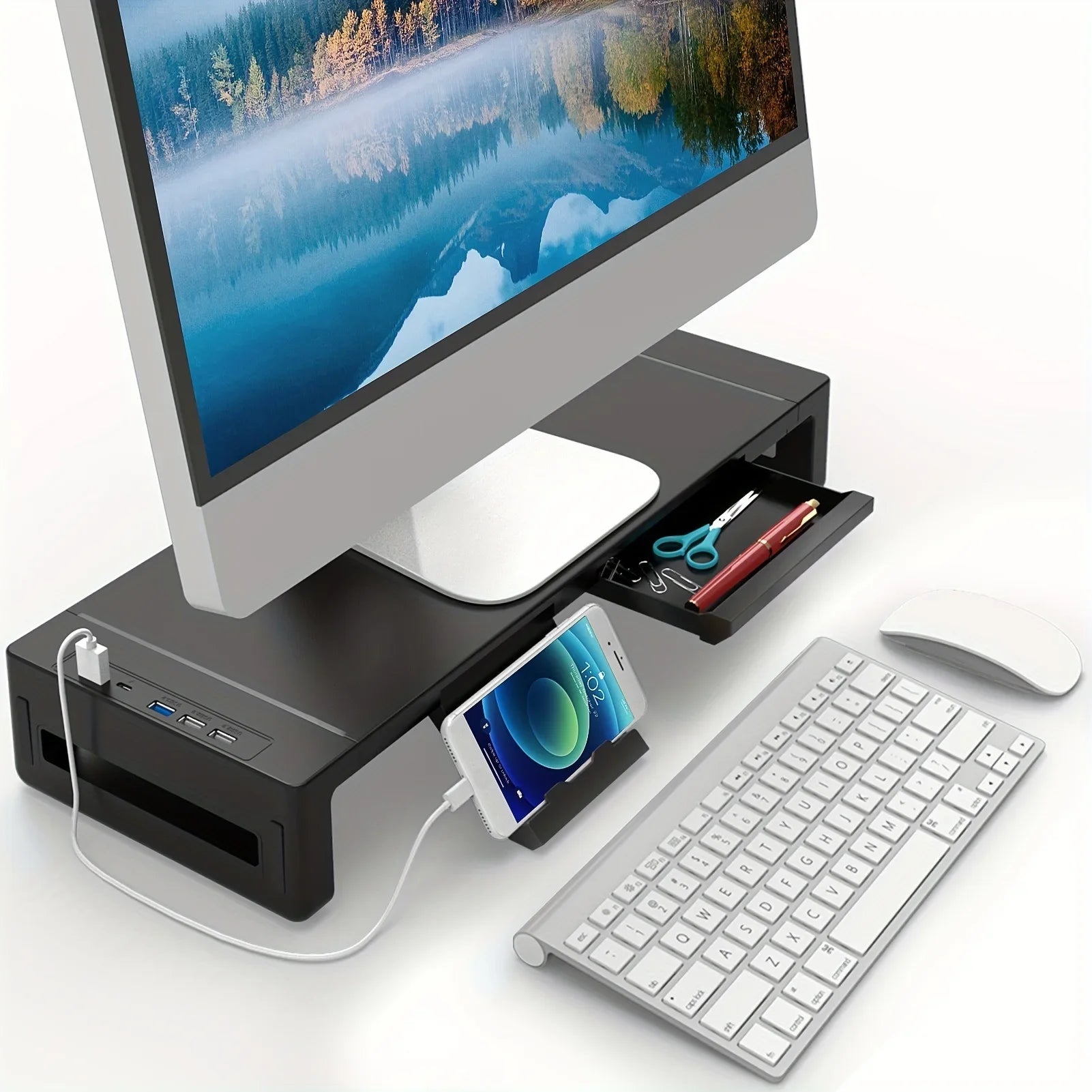 Monitor Stand Riser, With Foldable, Height Adjustable Computer Stand, Desk Shelf Riser with Storage Drawer & Tablet Phone