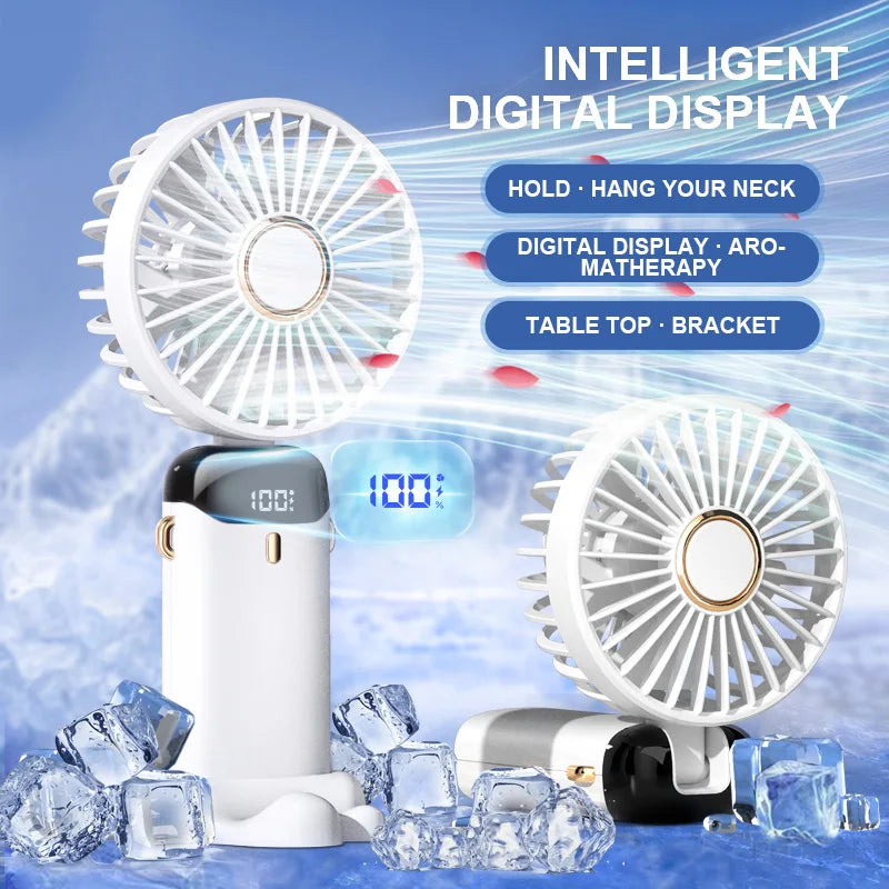 Handheld Mini Fan Foldable Portable Neck Hanging Fans 5 Speed ​​USB Rechargeable Fan with Phone Stand and Display Screen 1800 mAh
