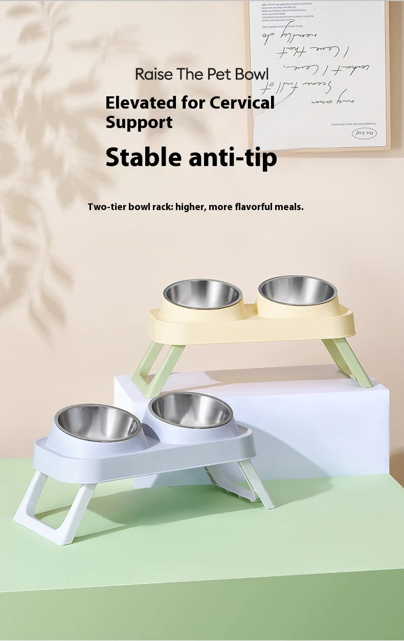 Foldable Stainless Steel Elevated Pet Bowl - Dual Dish Non-Slip Anti-Tip Raised Feeder with Neck Support for Cats Dogs