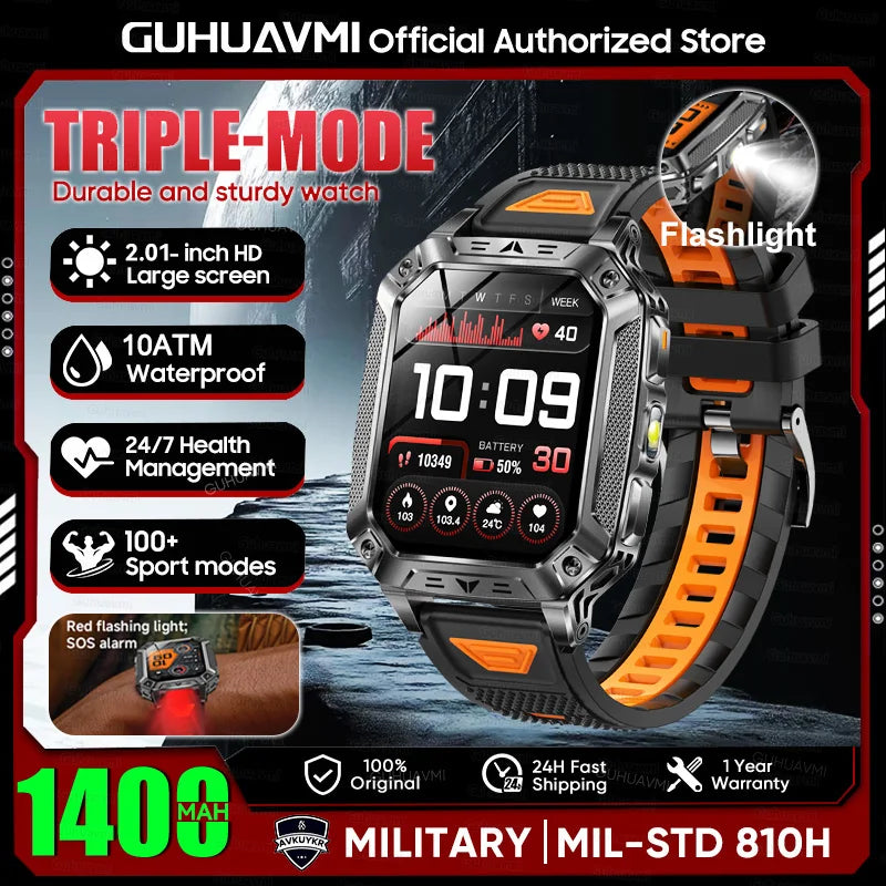 New Rugged Military Smart Watch Men 1400mAh Battery 2.01inch AMOLED Bluetooth Call 10ATM Waterproof LED Flashlight Smart Watch