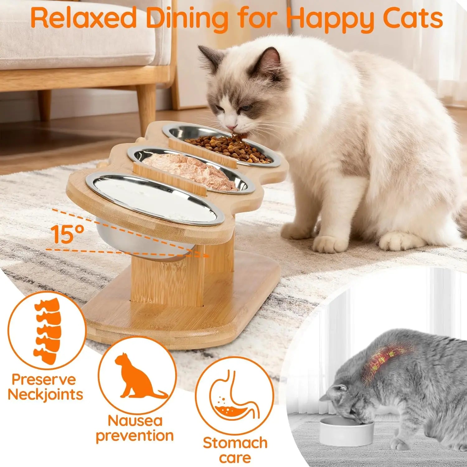 Elevated Cat Bowls Raised Wood Stand Feeder with 3 Stainless Steel Bowls Feeding & Watering Supplies for Puppy Cats Accessories