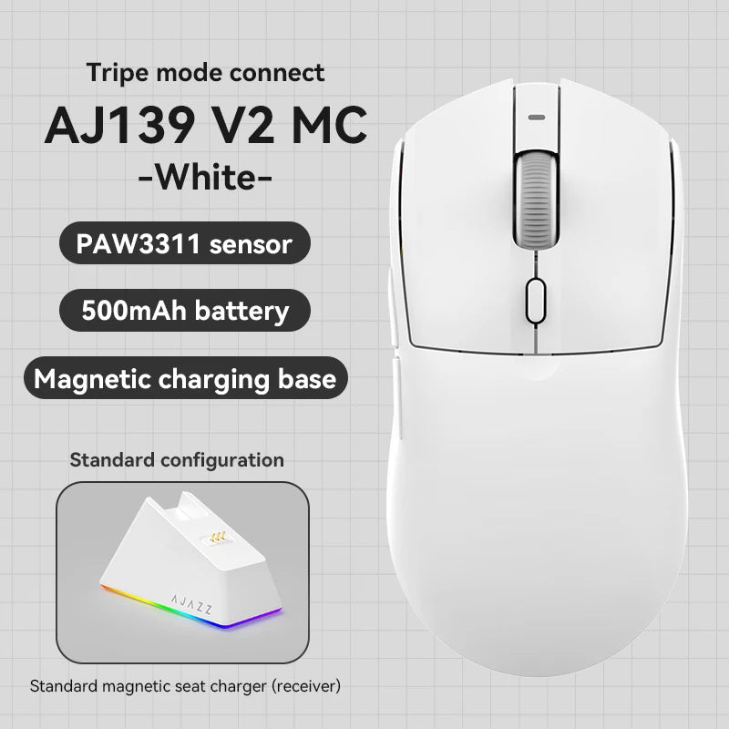 AJ139-V2-MC Tri-mode Wired/2.4GHz /BT Wireless Gaming Mouse with Magnetic Charging Base PAW3311 Gaming Chipset 12000DPI Max