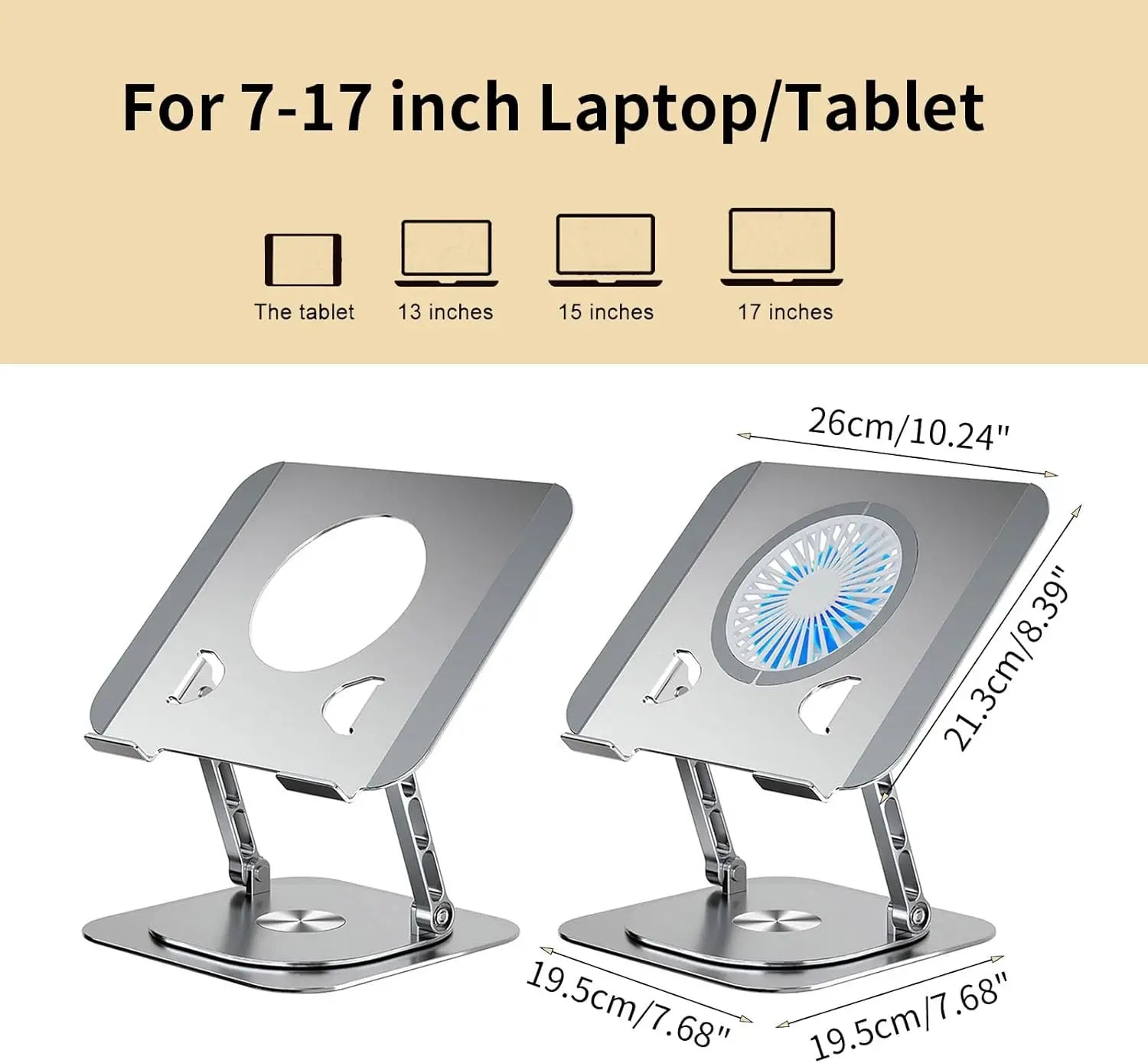Laptop Stand 360° Rotatable Aluminum Alloy Tablet Cooling Stand with Folding Fan Radiator Support Lift Anti-skid for 7-17 Inch