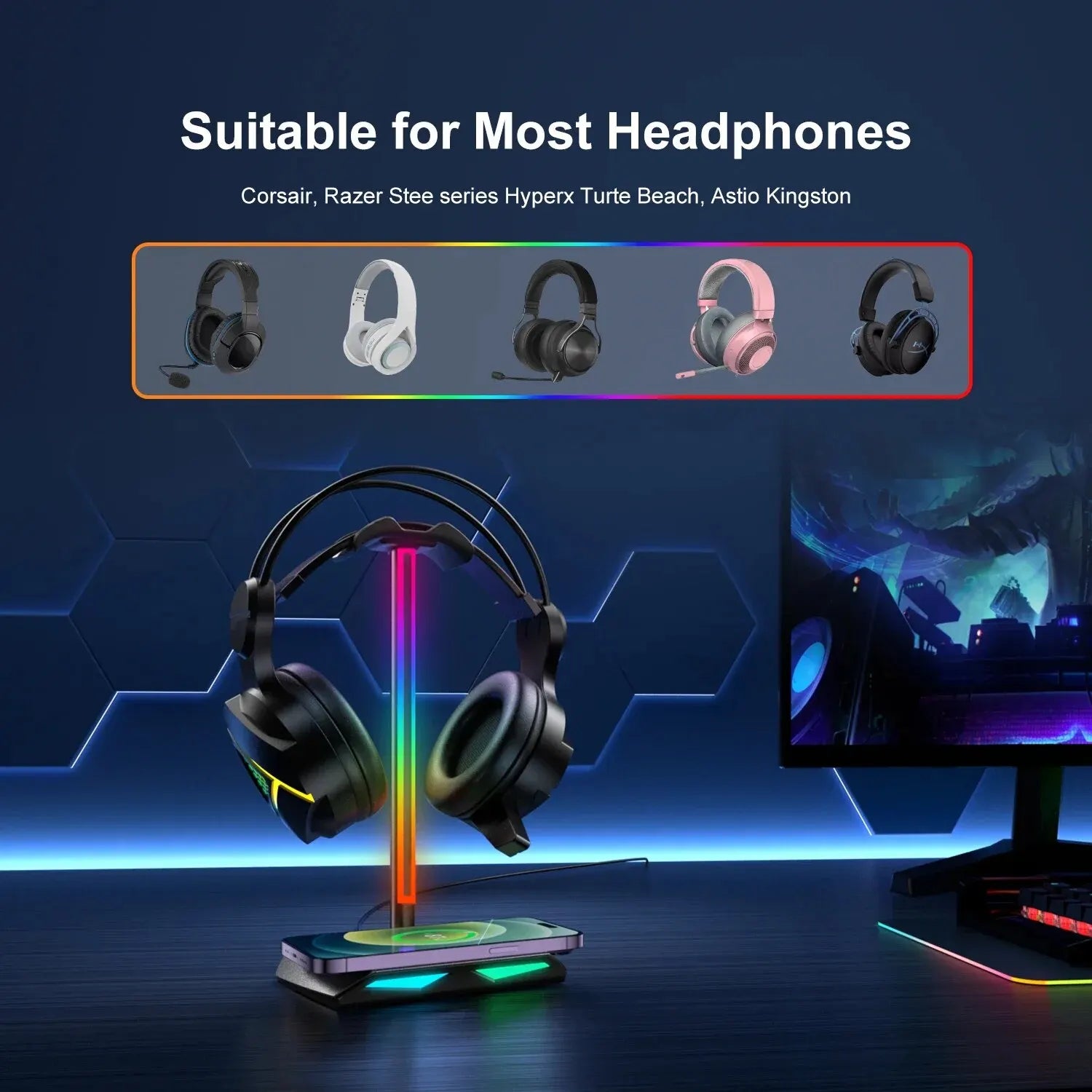 New Bee Z12 RGB Headset Stand Holder with Wireless Charger, Desk Base, Gaming Headphones Holder, Non-Slip Rubber Base