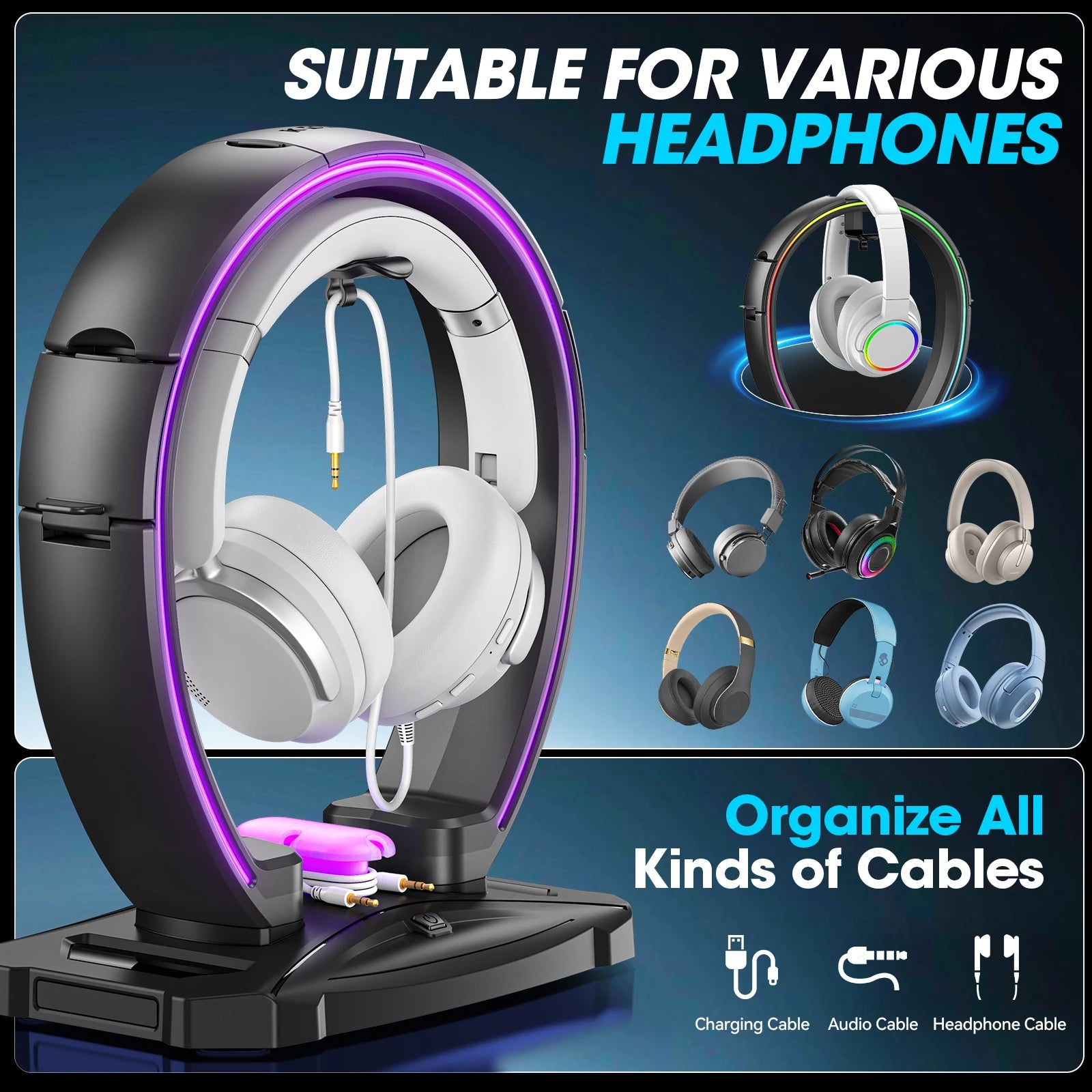 Headphone & Controller Stand with 9 Light Modes - Foldable Controller Hanger for Desk - Earphone Stand with Cable Organizer