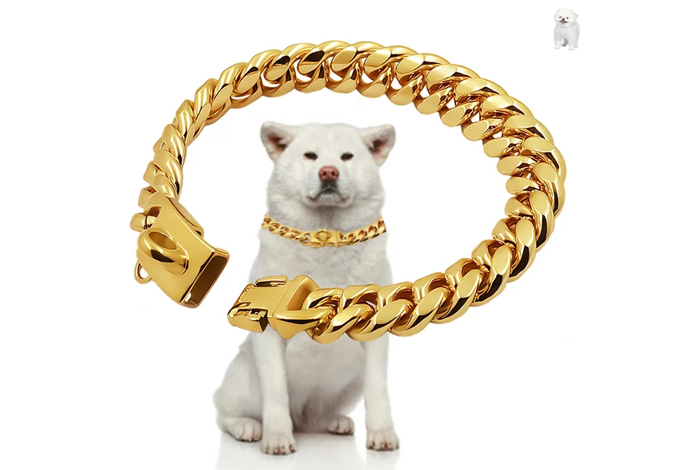 Metal Dog Collar Stainless Steel Pet Choker Gold Cuban Link Chain 14mm Wide Lead for Small Medium Large Dogs Pet Accessories