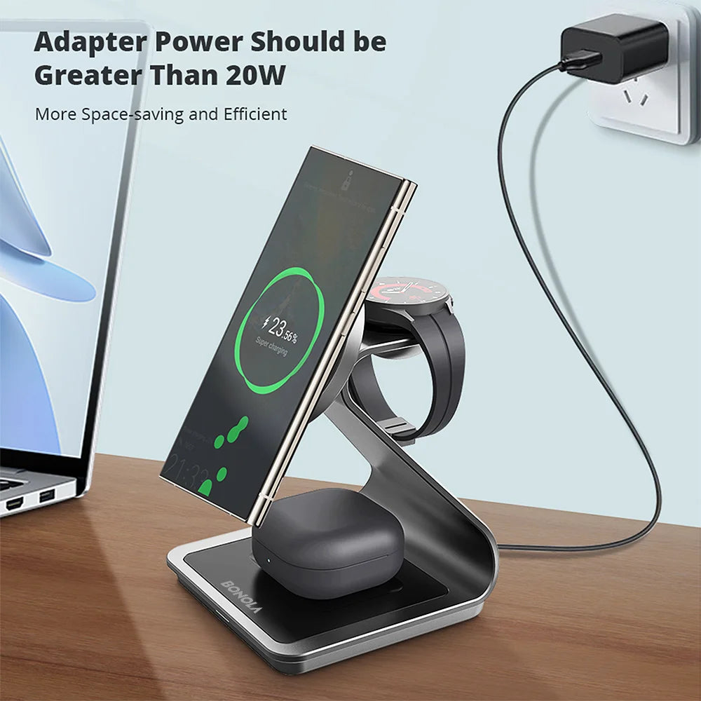 Bonola 3‑in‑1 Magnetic Wireless Charger — 25W Stand p/ Samsung & Watch