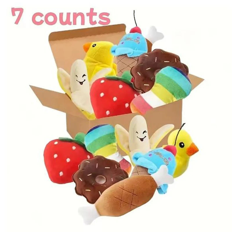 A 7-piece set of puppy sound toys, loose plush pet chewing, plush fruit snacks and vegetable puppy toys, suitable for pet play