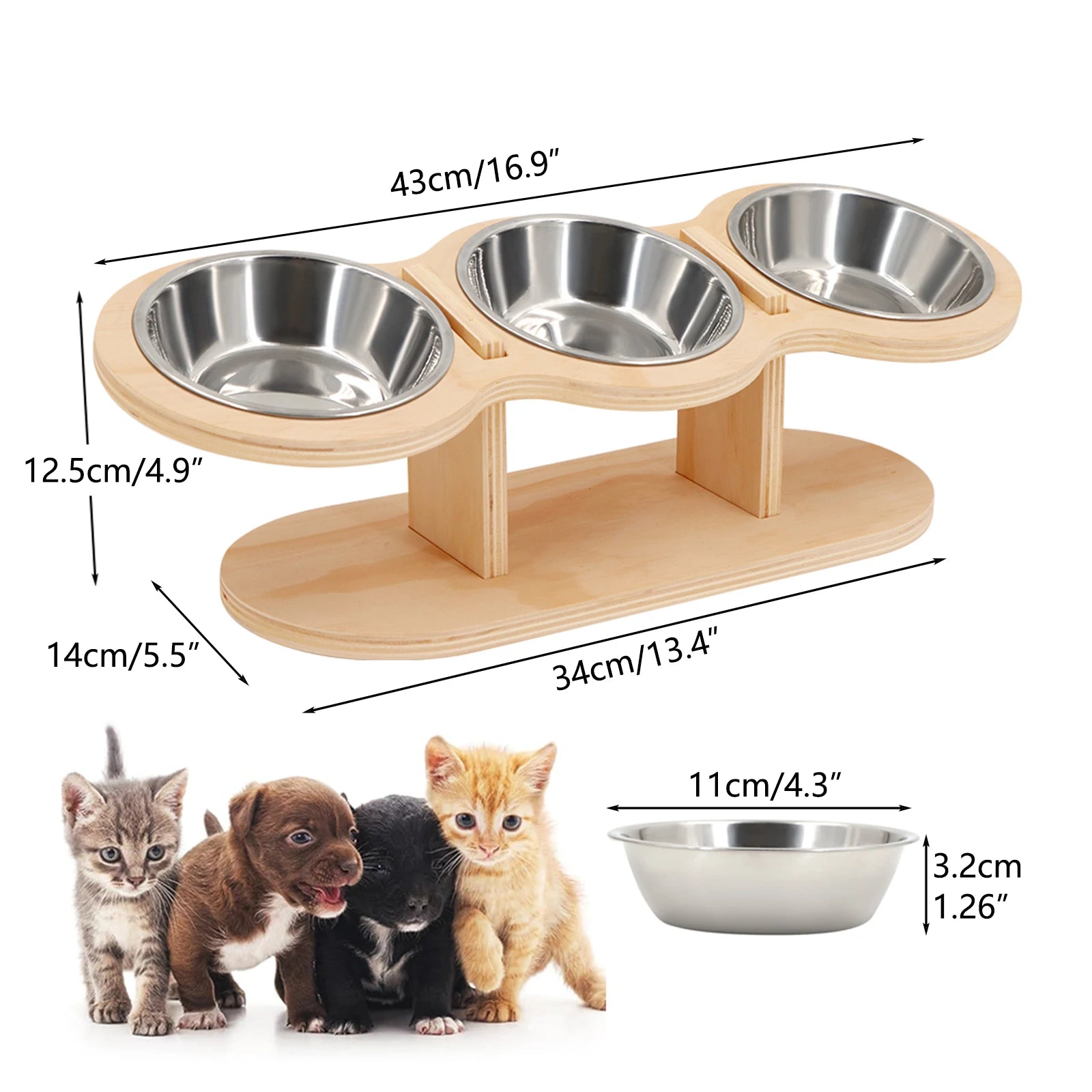 Elevated Cat Bowls Raised Wood Stand Feeder with 3 Stainless Steel Bowls Feeding & Watering Supplies for Puppy Cats Accessories
