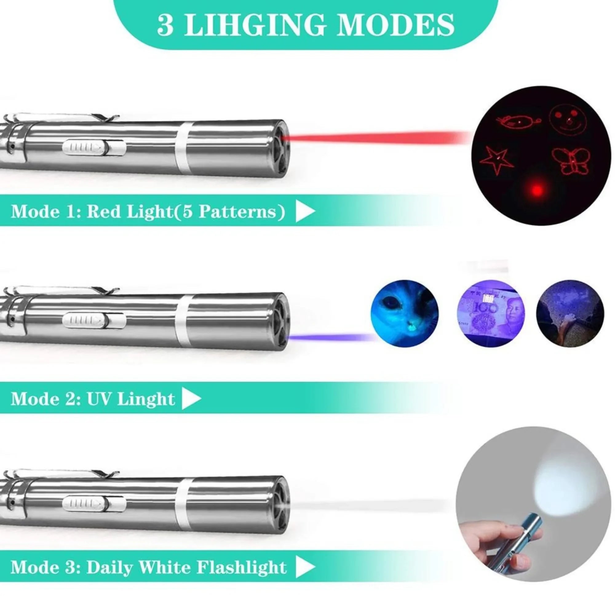 Rechargeable Pet Laser Pointer Toy for Cats and Dogs LED Light 5 Switchable Patterns Interactive Play