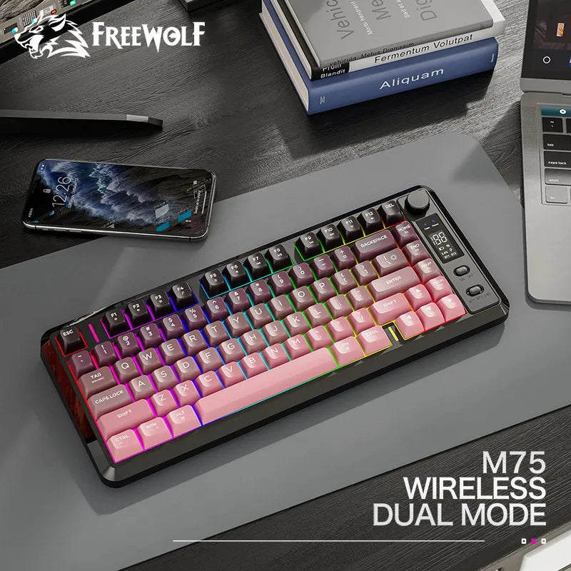 FREE WOLF M75 82-Key Compact Wireless Gaming Keyboard - Dual Mode (Bluetooth/2.4G) RGB Backlit OLED Display Large Battery