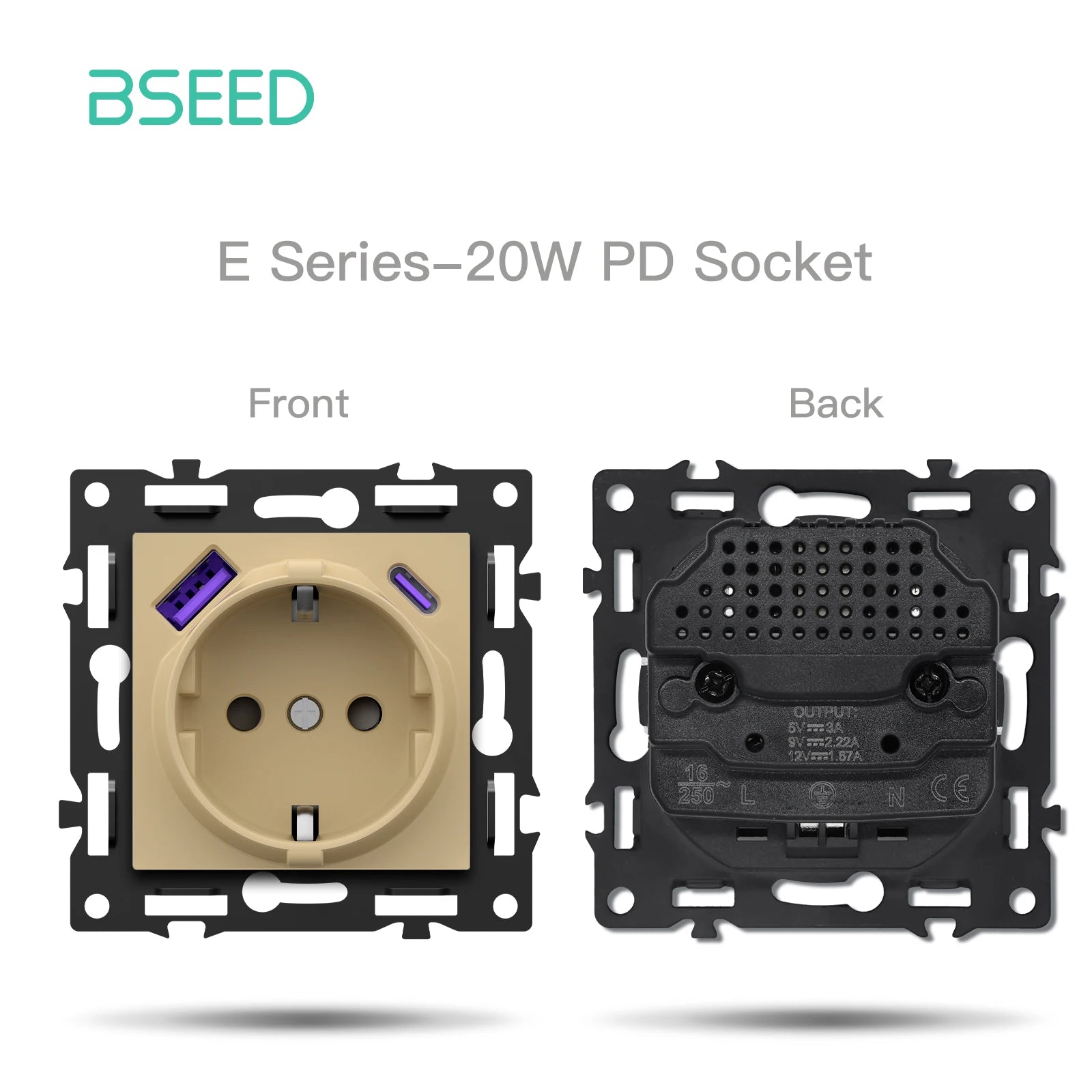 BSEED WiFi Click Switch Module — Moldura Vidro Ouro + Tomadas USB