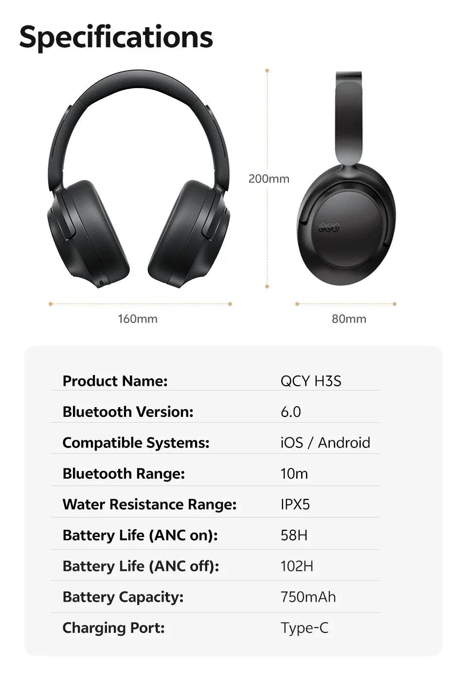 QCY H3S -56dB Adaptive ANC Over Ear Headphone Hi-Res LDAC Spatial Sound Wireless Earphone Bluetooth 6.0 Dual Driver 102H Headset