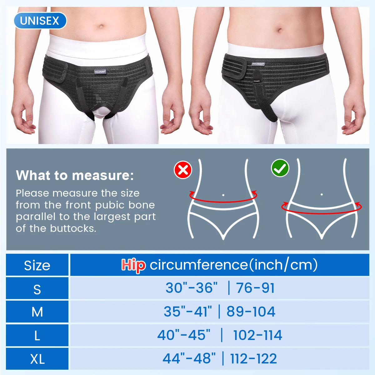 VELPEAU Hernia Belt with 2 compression pads, adjustable Hernia Truss support for single/double inguinal hernias for men and women.