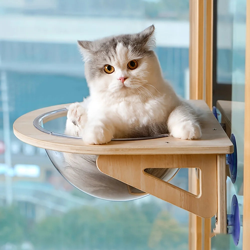 Cat Window Perch Hammock with Suction Cups, Solid Wood Window Mount Cat Bed, Indoor Cat Space Capsule Pet Nest