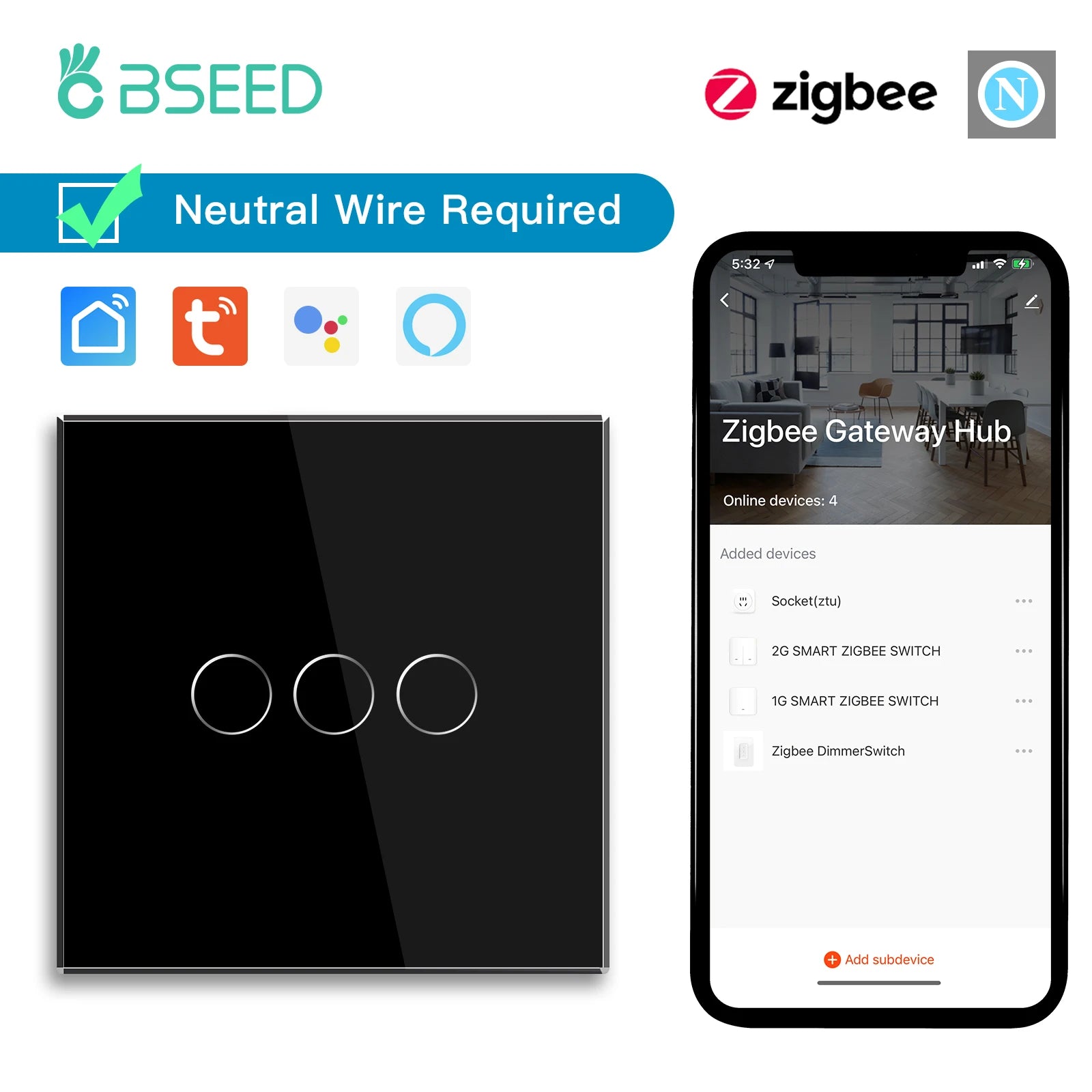 BSEED Zigbee Touch Switch — 1/2/3 Gang + Tomadas EU com Neutro