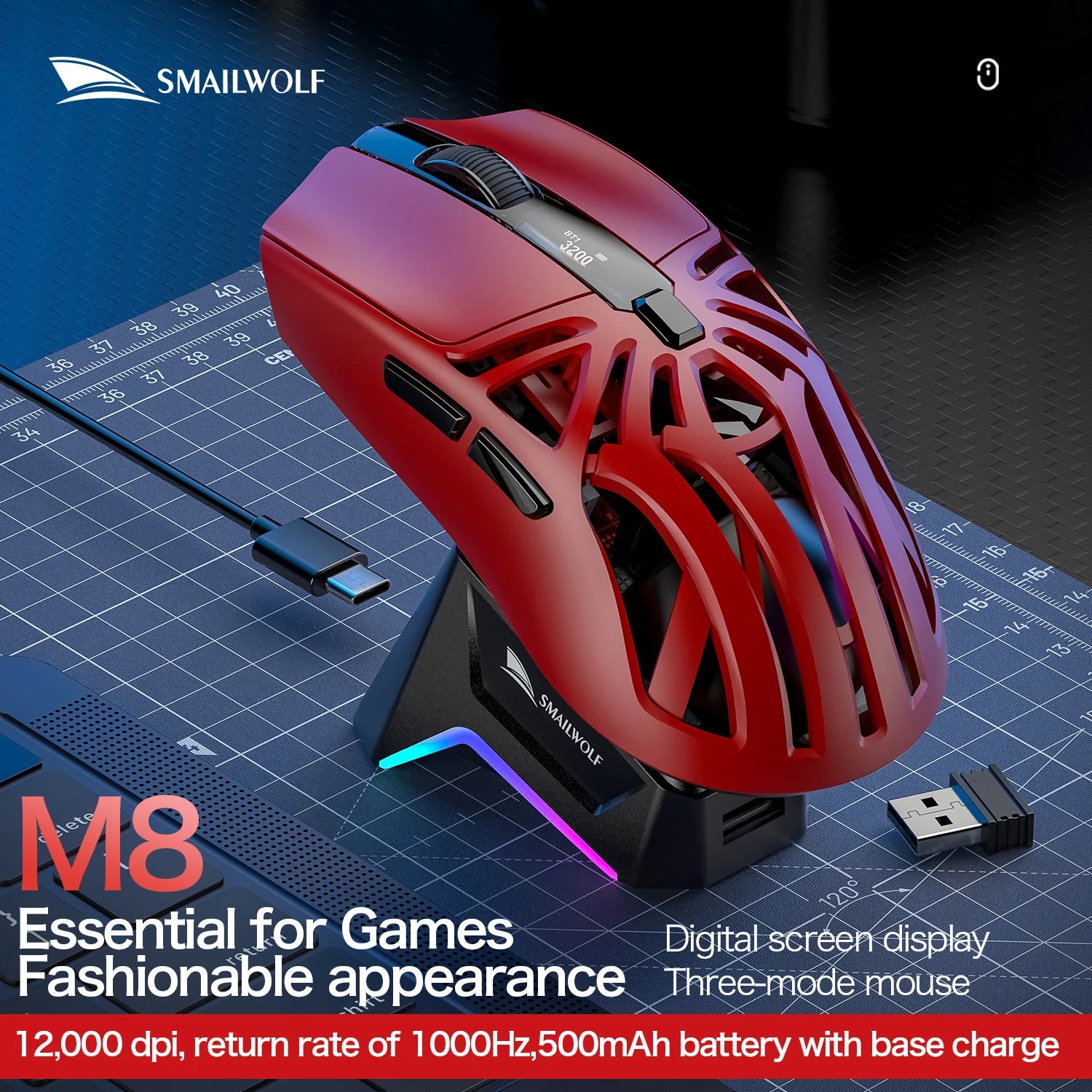 SMAILWOLF M8 Wireless Bluetooth Mouse, Three Modes, Lightweight, E-sports Gaming, RGB, Magnetic Charging, 12000dpi Gaming Mouse