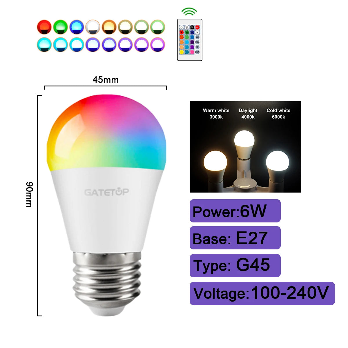 1-10PCS Smart RGBW LED Bulb Spotlight E27 E14 B22 GU10 6W 10W with infrared remote control suitable for colorful home lighting.