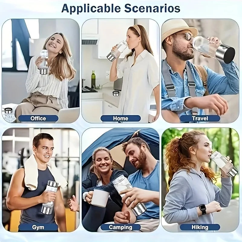 A bottle of hydrogen water, a glass of hydrogen-rich water, a USB-powered hydrogen electrolysis generator (3-minute charge), fitness equipment.