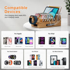Bamboo Charging Station Organizer for Multiple Devices & Wood Desktop Docking Charging Stand Such As Cell Phone Tablets