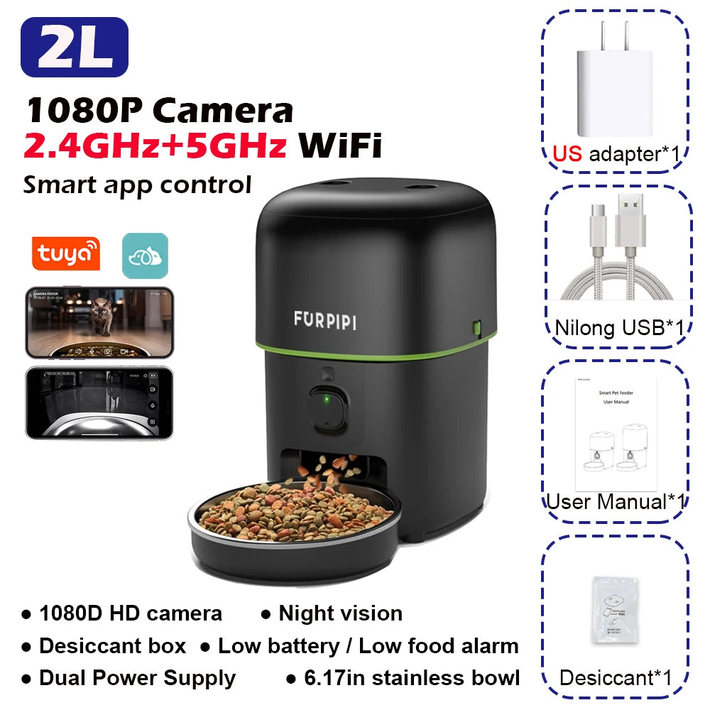 1080P HD Camera Automatic Cat Feeder with 5G WiFi Tuya Pet Cat Smart Food Kibble Dispenser Auto Feeder for Cats Dog Accessories