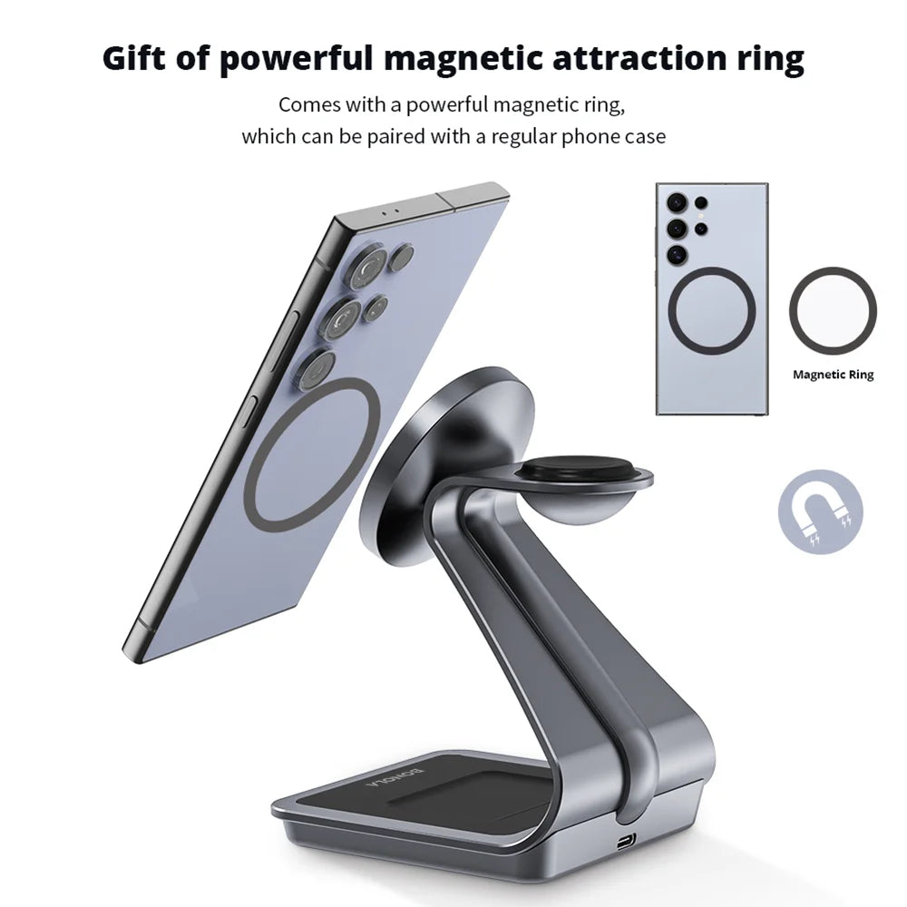 Bonola 3‑in‑1 Magnetic Wireless Charger — 25W Stand p/ Samsung & Watch