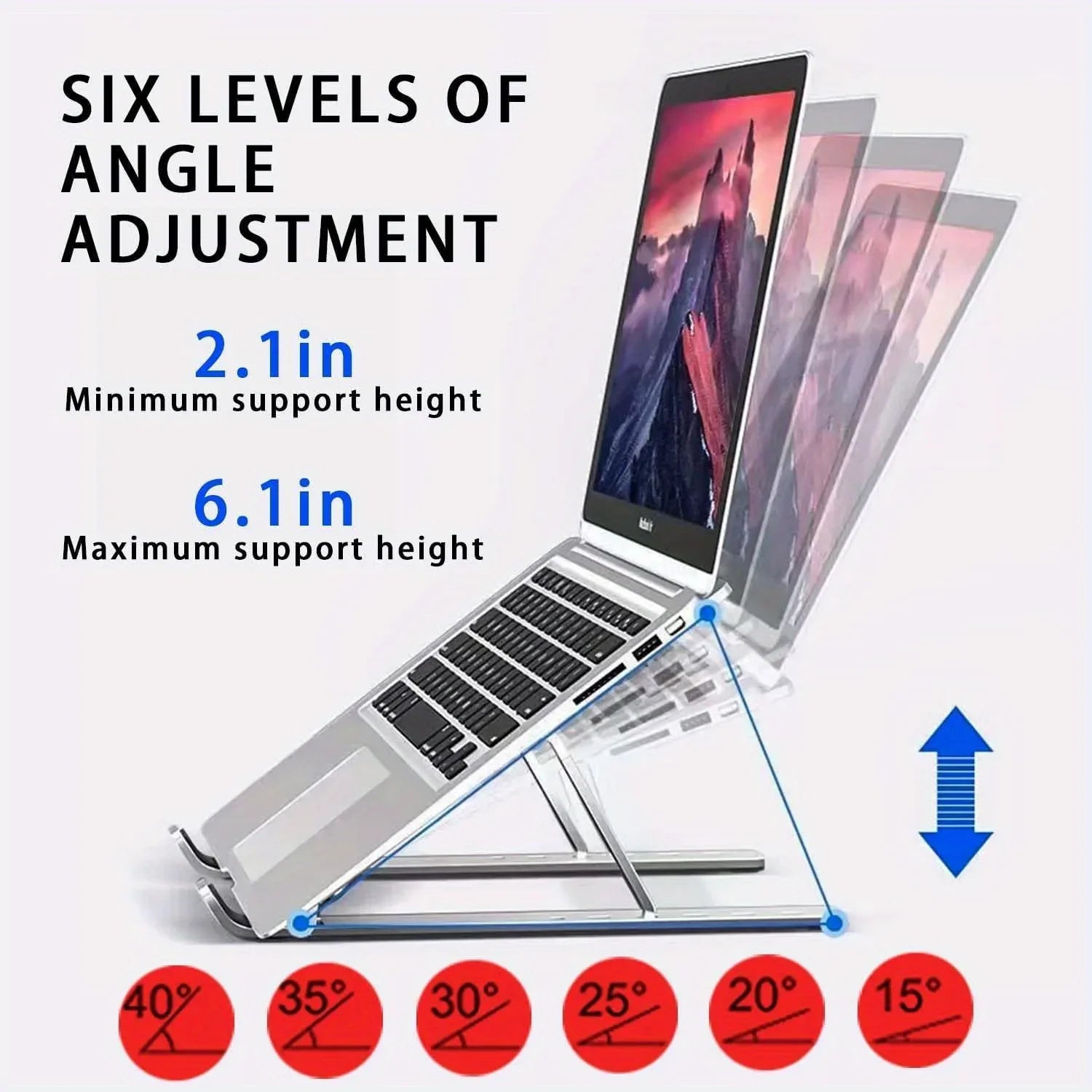 Adjustable aluminum laptop stand - 6 height levels, foldable and portable design for 8-16” laptops, enhanced ventilation and heat dissipation.