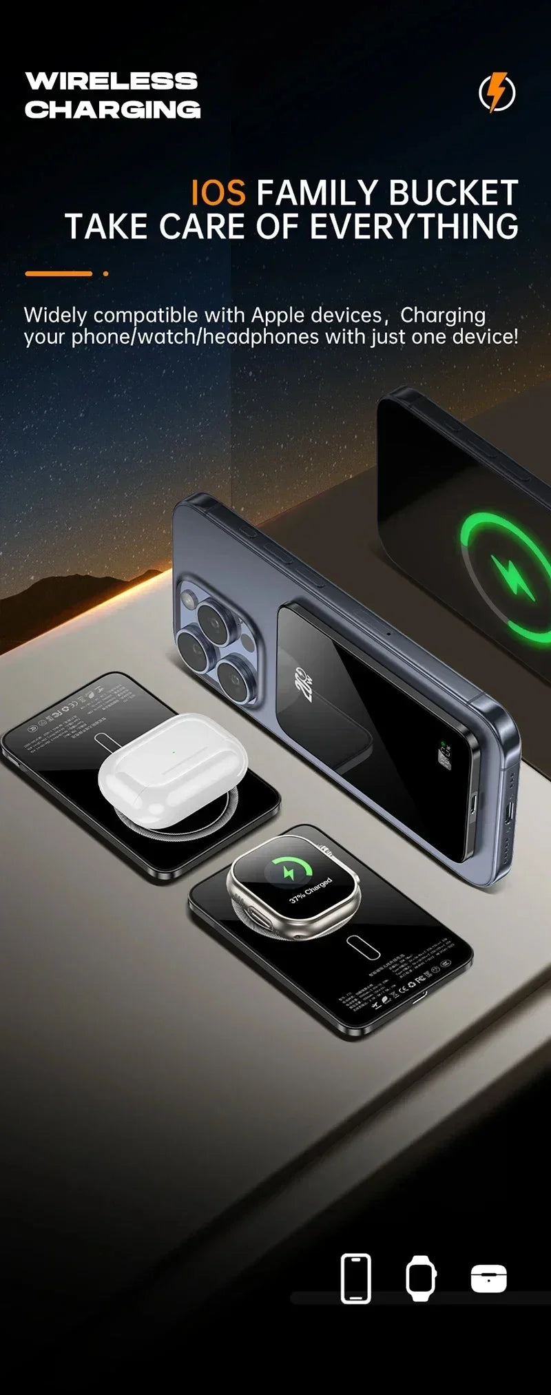 10000mAh 20W Wireless Magnetic Power Bank Portable Battery Charger for MagSafe iPhone 16, 15, 14, 13, and Samsung iWatch