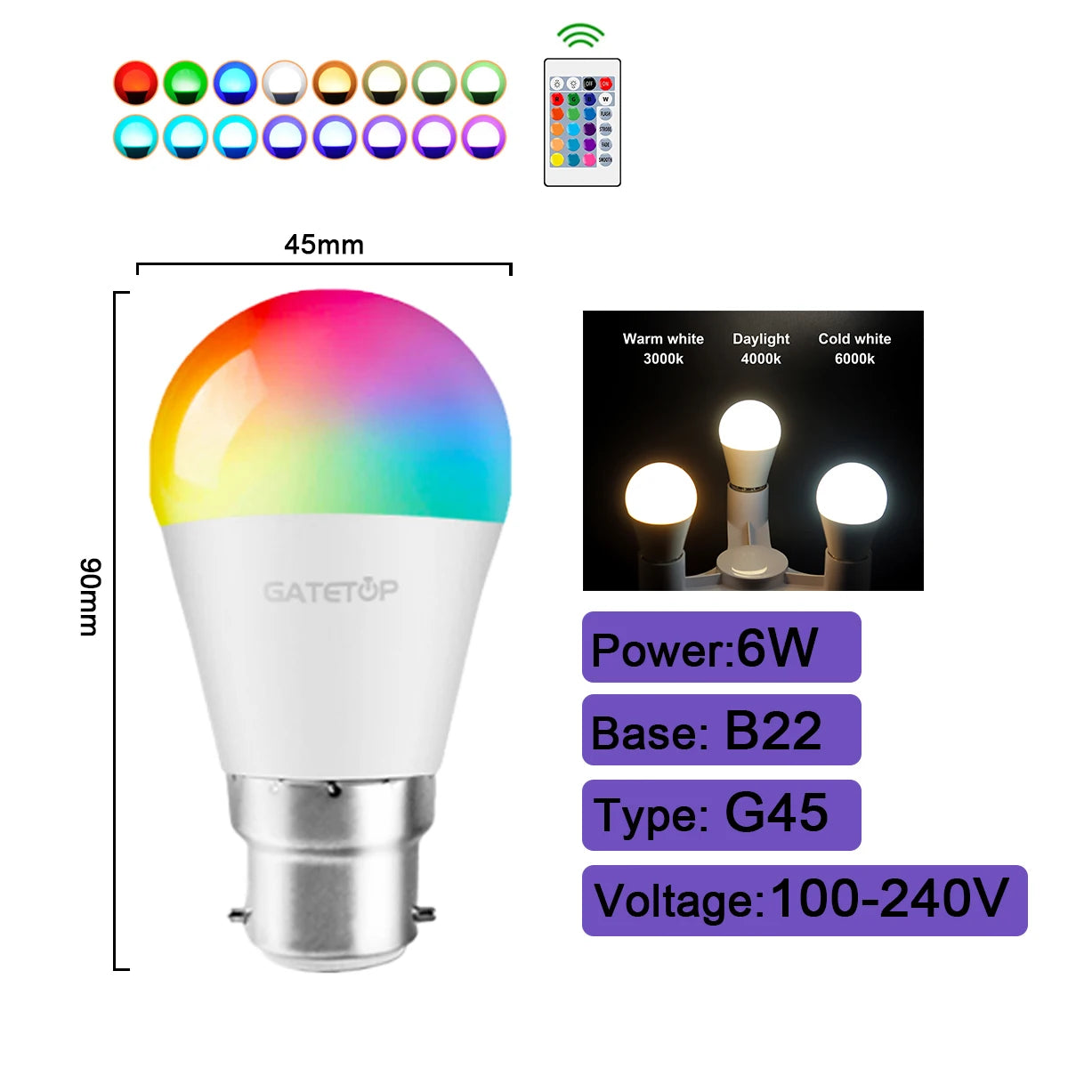 1-10PCS Smart RGBW LED Bulb Spotlight E27 E14 B22 GU10 6W 10W with infrared remote control suitable for colorful home lighting.
