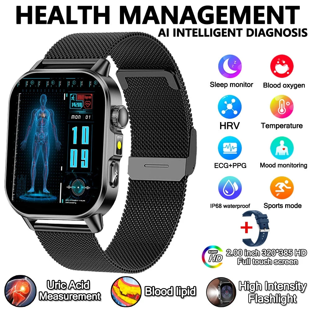 2026 New Model Uric Acid & Lipid Health Analysis Smartwatch Men's ECG+PPG Bluetooth Call 2.01 inch Flashlight Smartwatch Women's