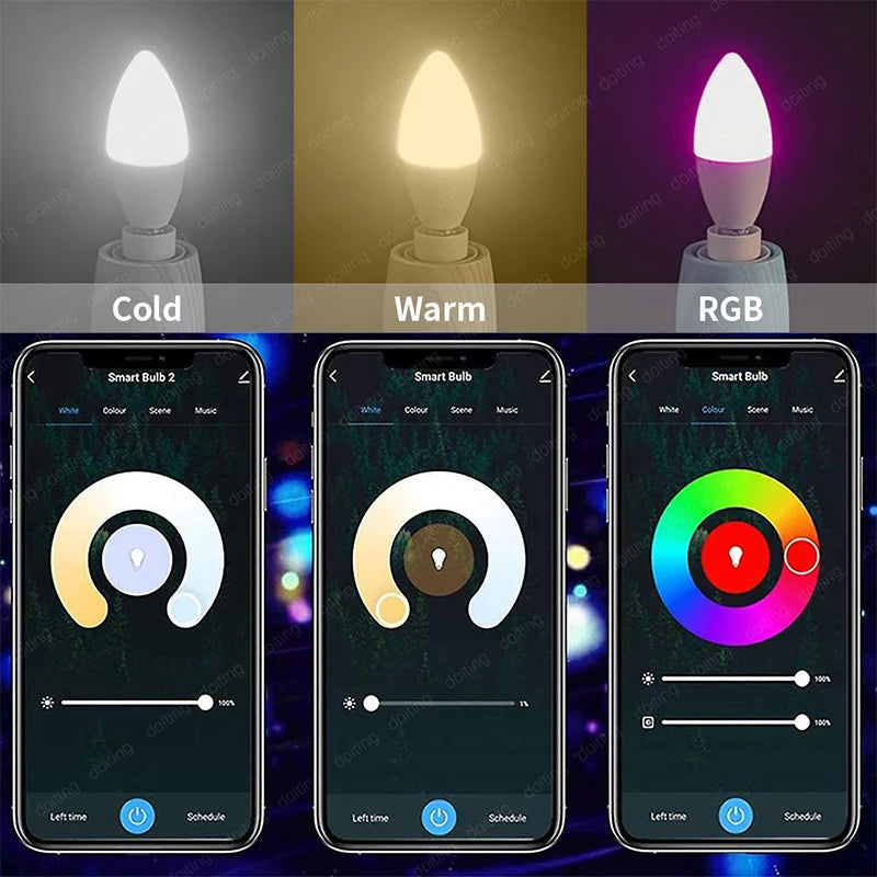 E14 Bluetooth Wifi Tuya Smart LED Chandelier Light Bulb RGB Color Changing Bulbs Smart Life APP Dimmable Alexa Google Home Voice