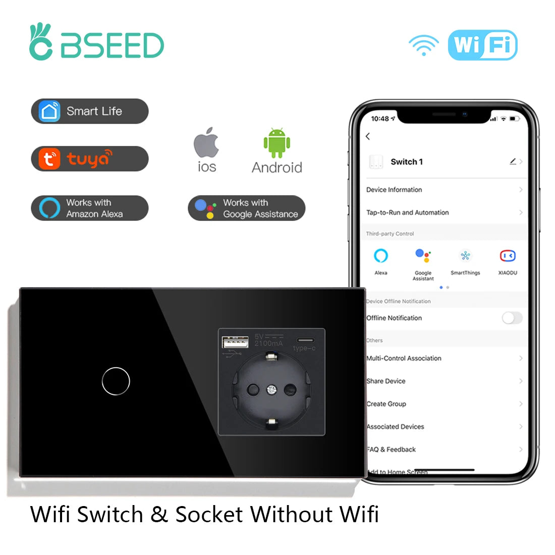 BSEED WiFi Touch Switch — 1/2/3 Gang Smart Tuya com USB‑C