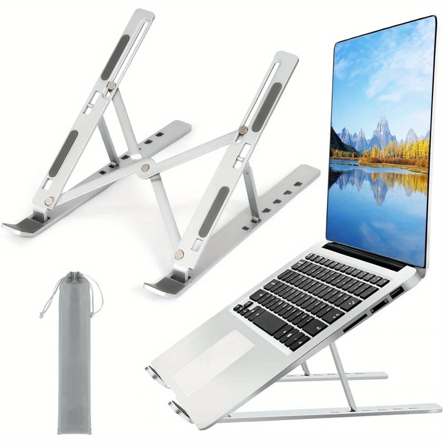 Adjustable aluminum laptop stand - 6 height levels, foldable and portable design for 8-16” laptops, enhanced ventilation and heat dissipation.