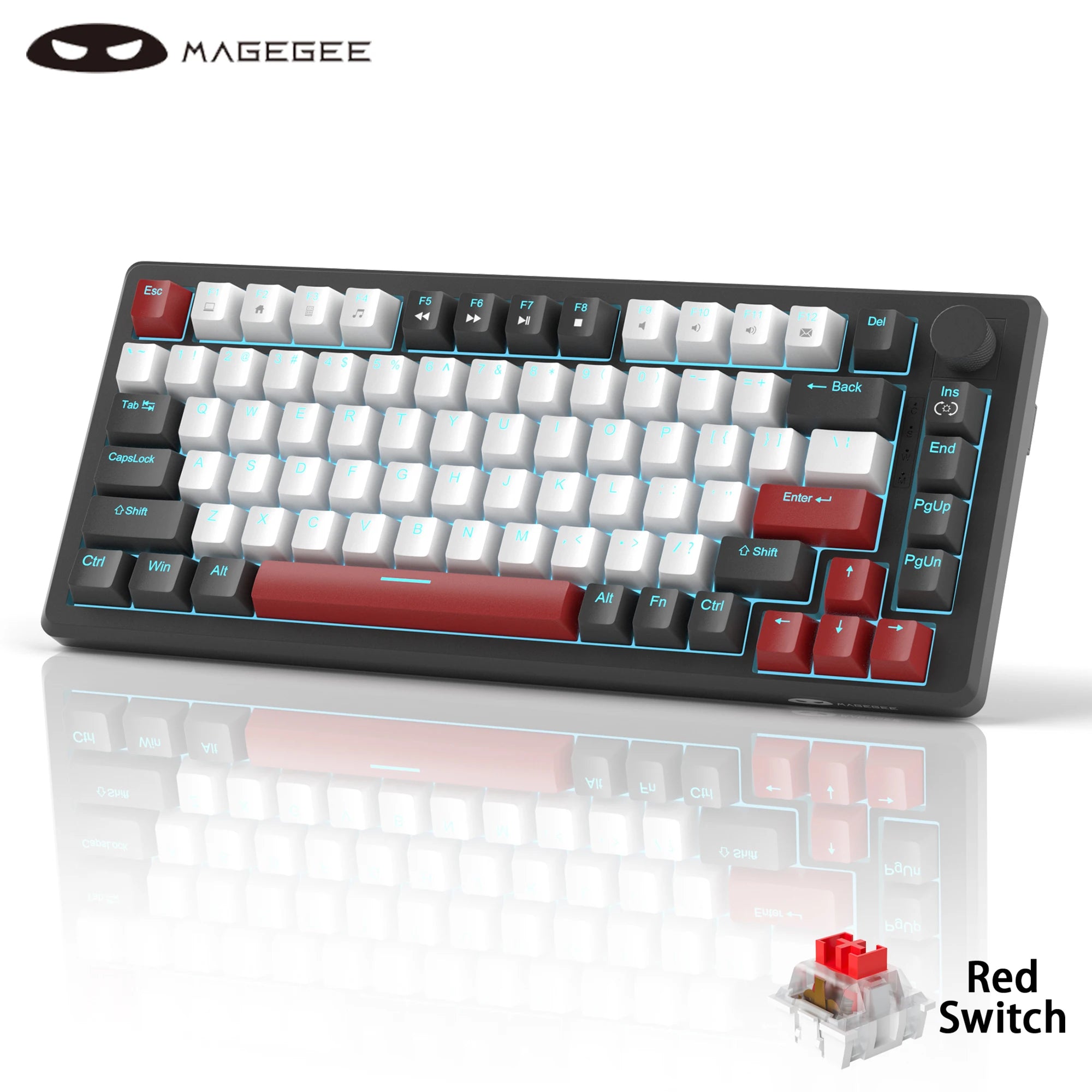 MageGee 75% Mechanical Gaming Keyboard with Knob Control, Blue Backlit Wired Gaming Keyboard Red/Yellow Switch for Windows PC