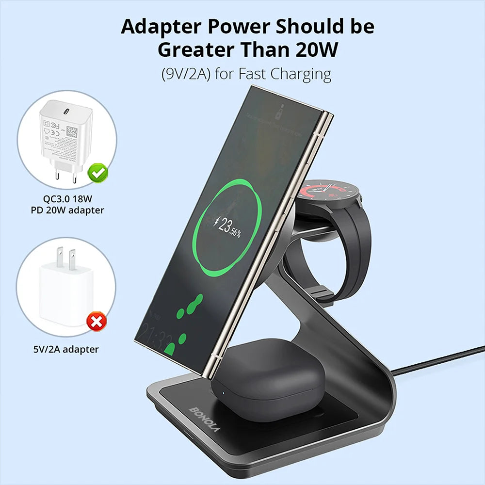 Bonola 3‑in‑1 Magnetic Wireless Charger — 25W Stand p/ Samsung & Watch
