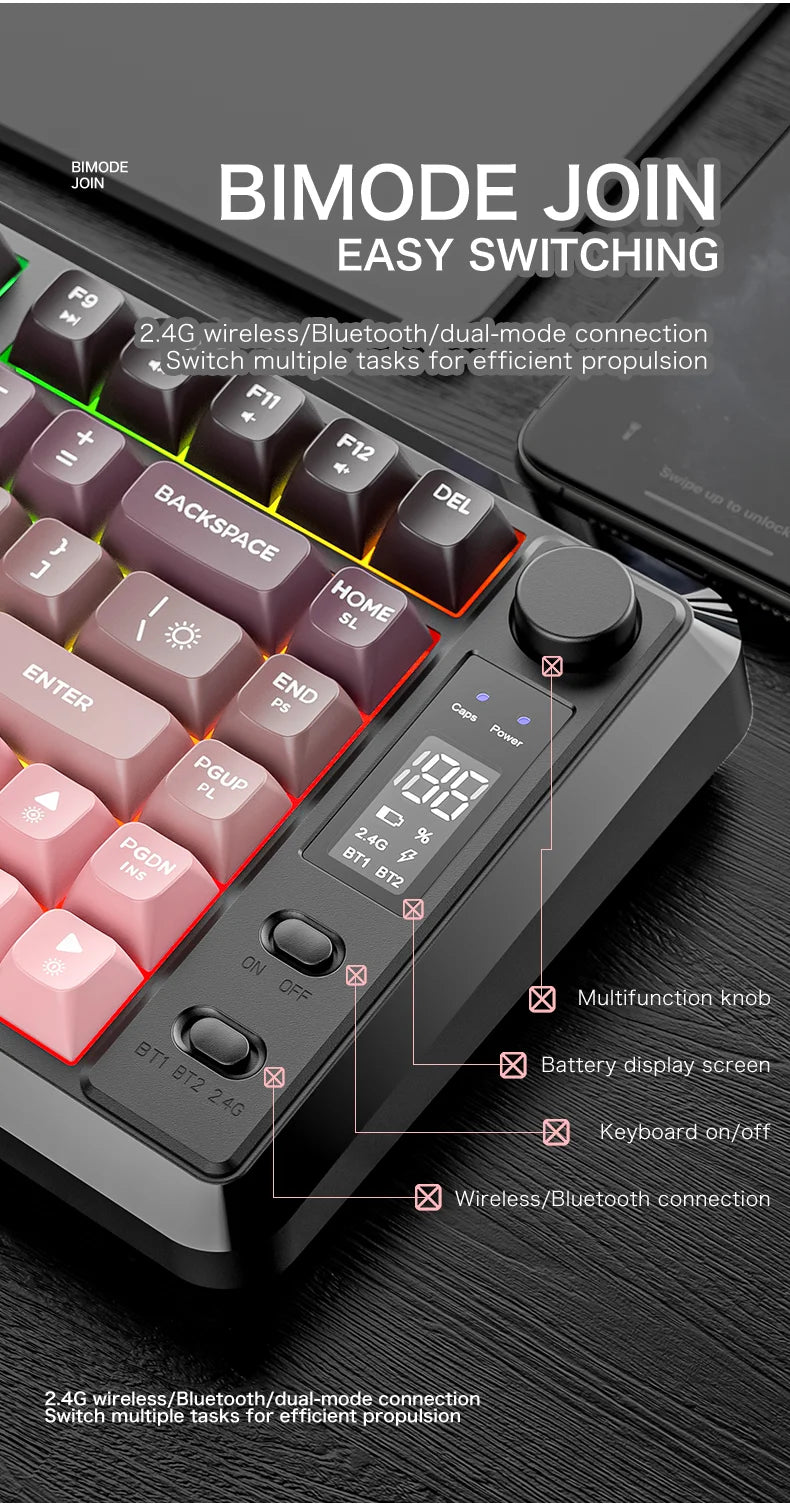 FREE WOLF M75 82-Key Compact Wireless Gaming Keyboard - Dual Mode (Bluetooth/2.4G) RGB Backlit OLED Display Large Battery