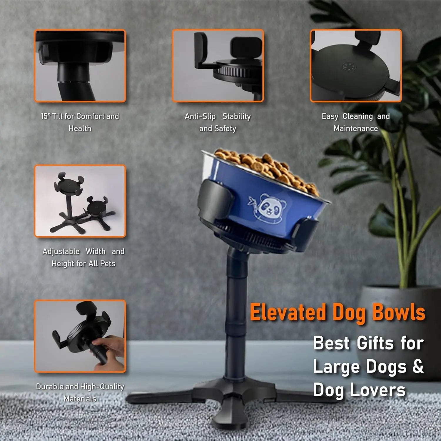 Adjustable elevated bowl stand with non-slip base, 3 height tilt settings (14-24.5cm). Stainless steel dish bowls for dogs and cats.
