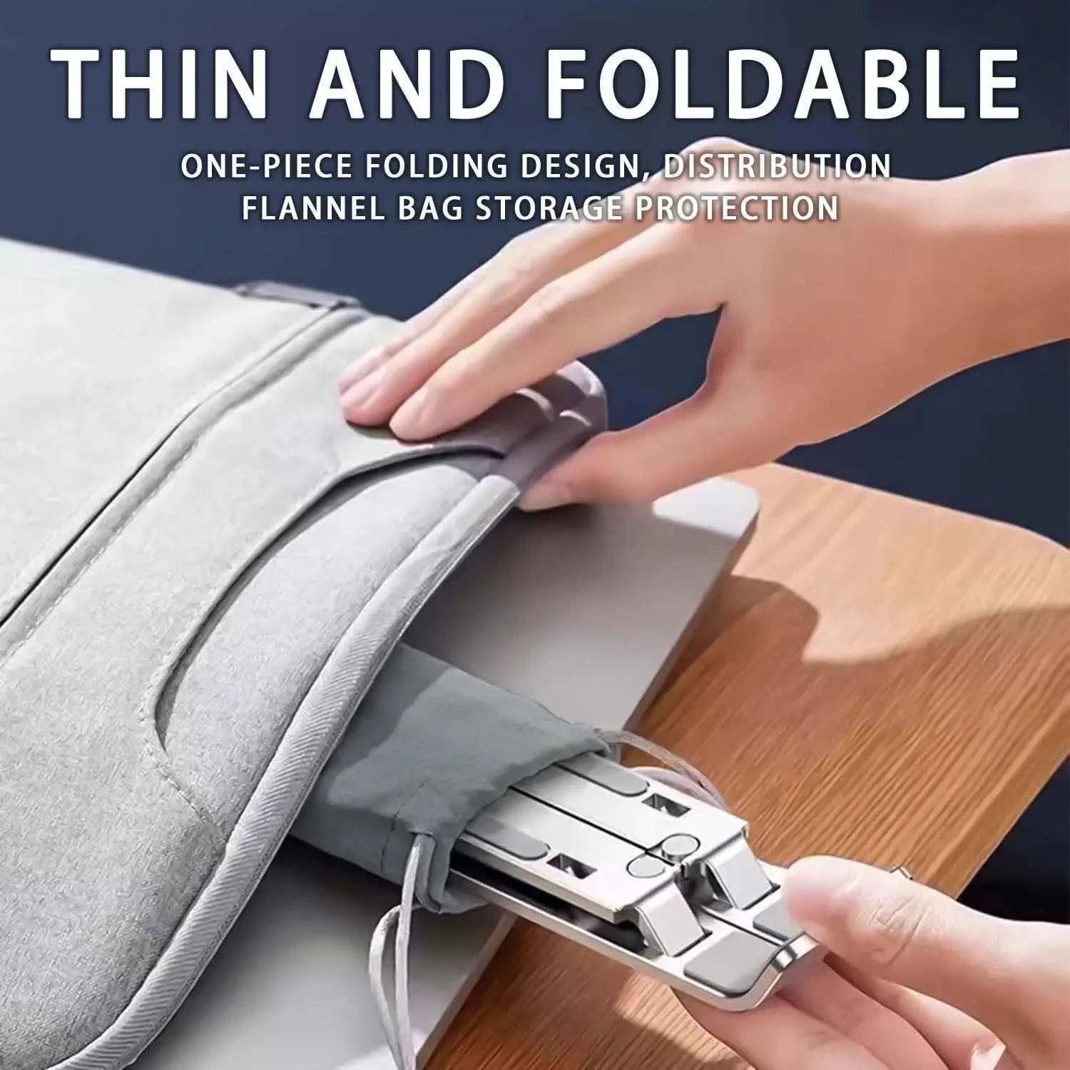 Adjustable aluminum laptop stand - 6 height levels, foldable and portable design for 8-16” laptops, enhanced ventilation and heat dissipation.