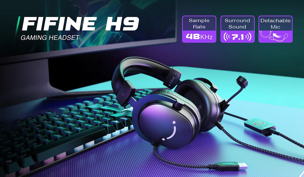 FIFINE H9 — Headset 7.1 USB/3.5 mm com Mic, Volume e Mute para PC/PS5