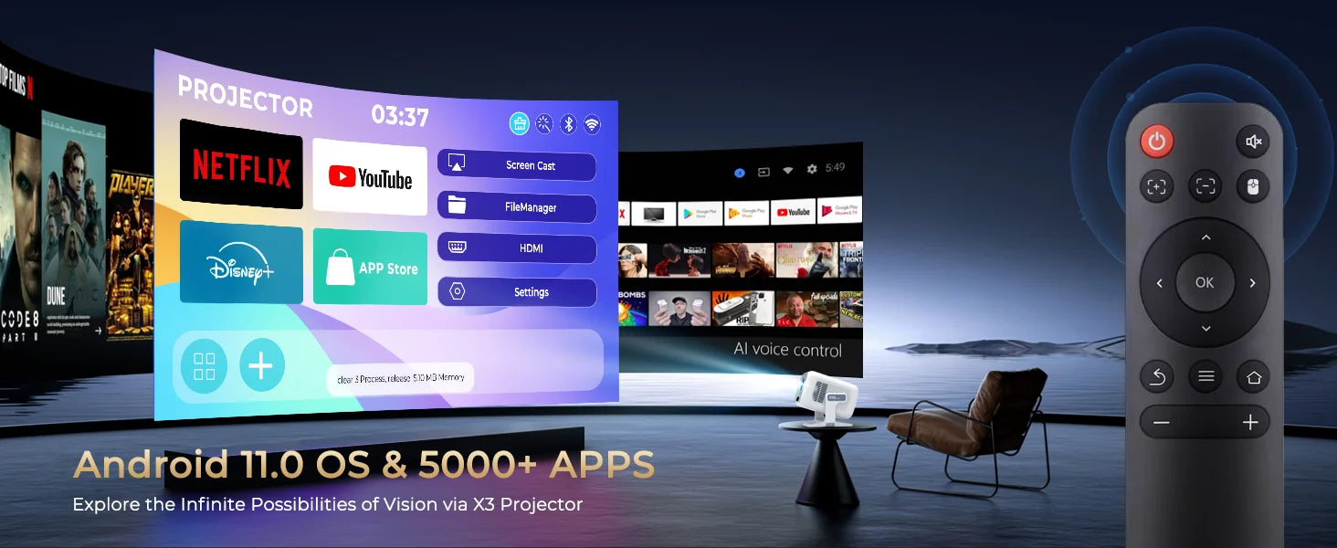 Projetor 4K LynCast X3AQ — 500 ANSI, Auto Focus, Android 11, WiFi6