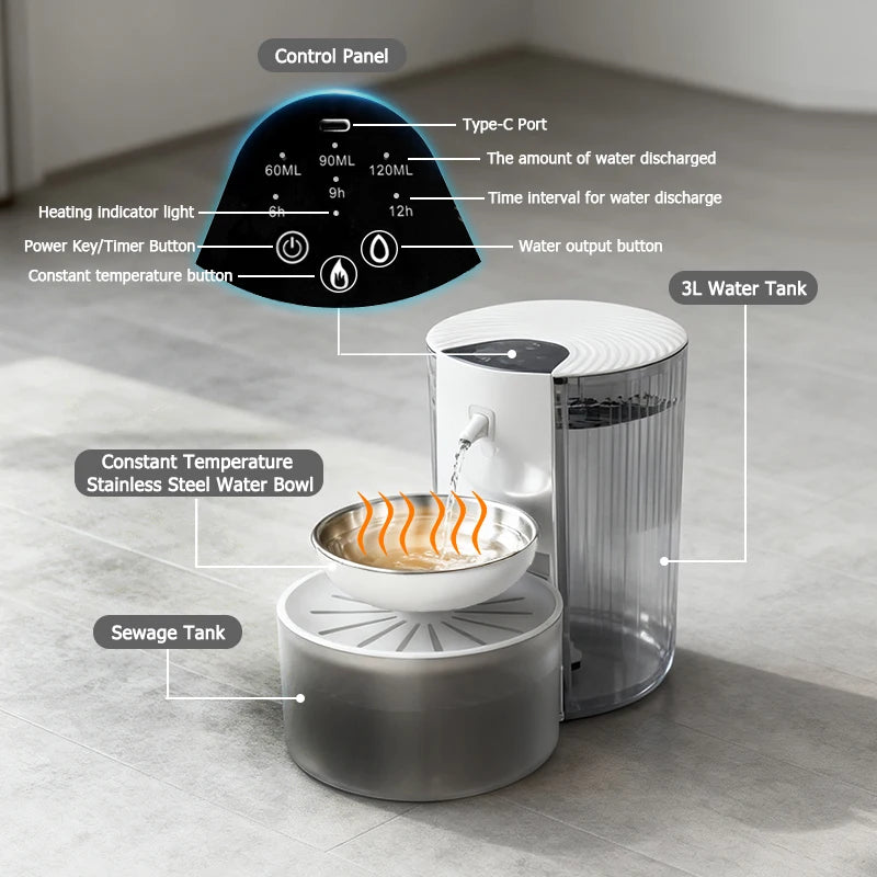 3L Smart Constant Temperature Tilting Pet Water Dispenser Timed & Quantitatively Feed Water Silent cat&dog Heated Water Fountain