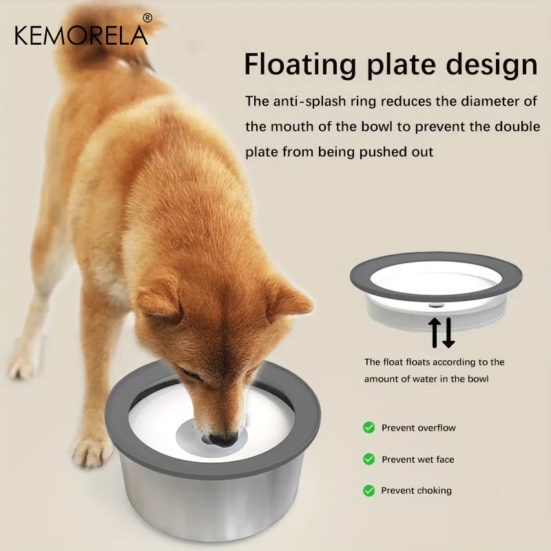 Stainless steel dog water bowl with floating disc design, non-wet mouth anti-tail pet drinking bowl, slow feeder water for dogs.