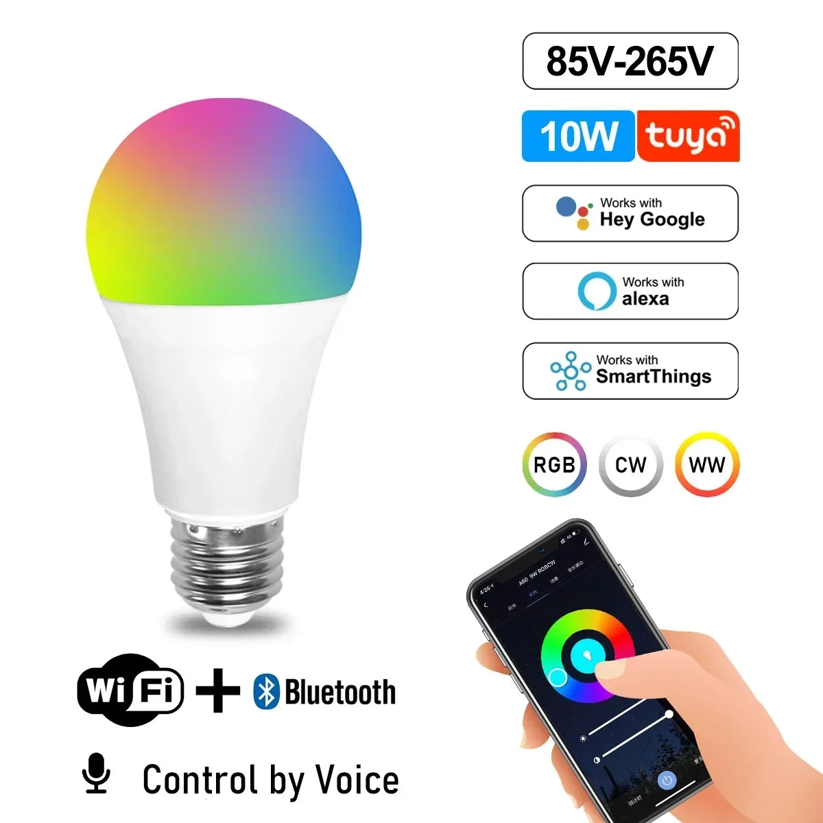 Lâmpada Smart RGB Wi‑Fi Tuya Compatível com Alexa e Google Home
