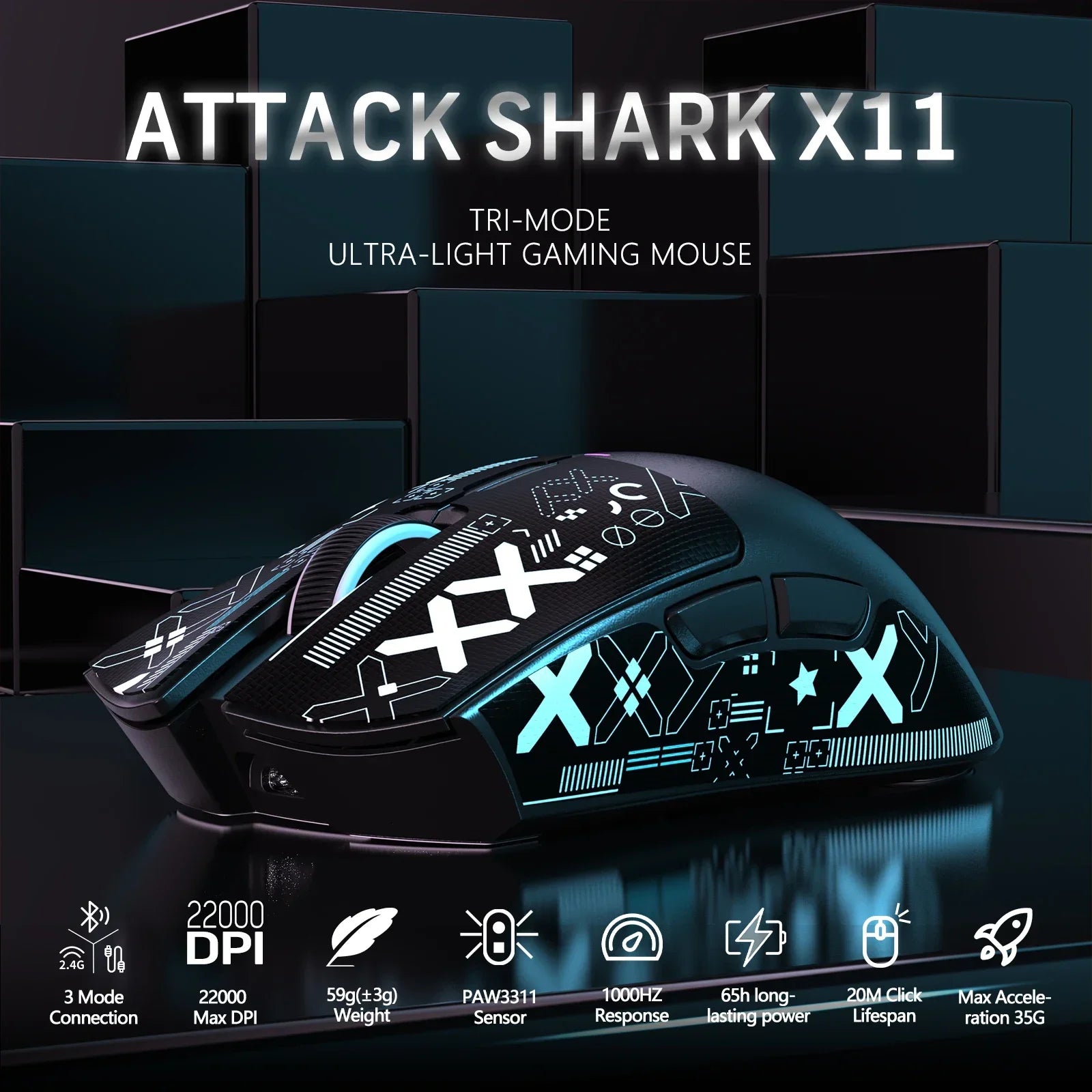 Hot Sale ATTACK SHARK X11 Wireless Gamer Mouse with Charging Dock PixArt PAW3311 Gaming Sensor 22000 DPI, BT/2.4G Wireless Mouse