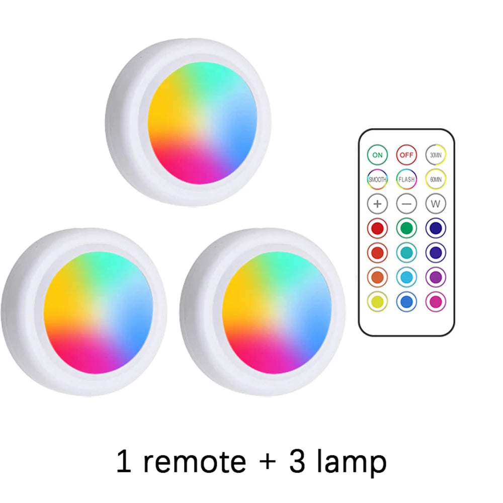 RGB LED Under Cabinet Lights with Remote Control Battery Powered Wireless Dimmable Night Lamp LED Lights for Home Wardrobe Light